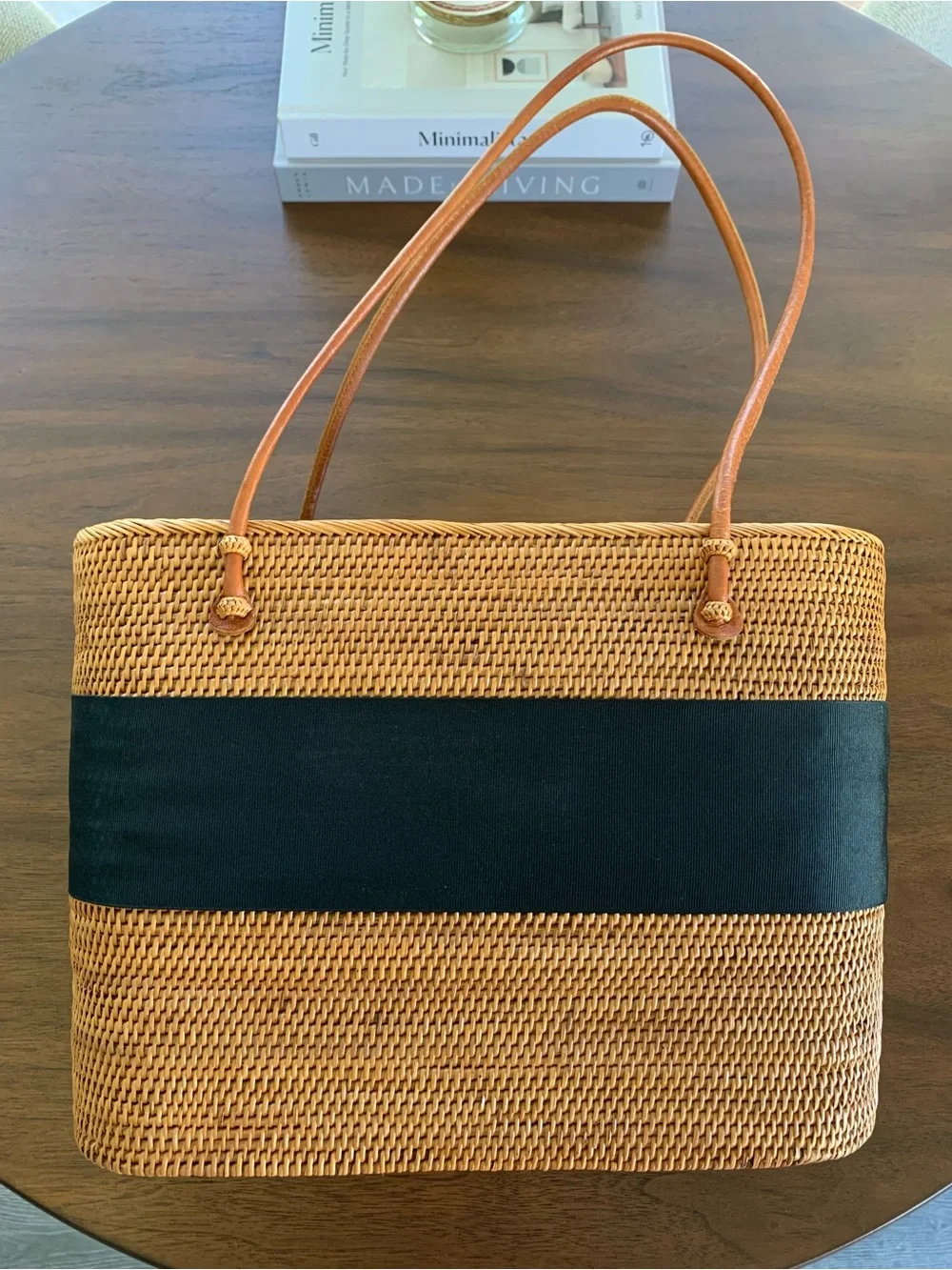 Woven Straw Tote with Black Bow and Turtle Accent